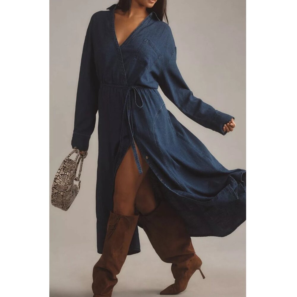 Anthropologie Pilcro V-Neck Wrap Midi Dress Denim Dark Blue XXS